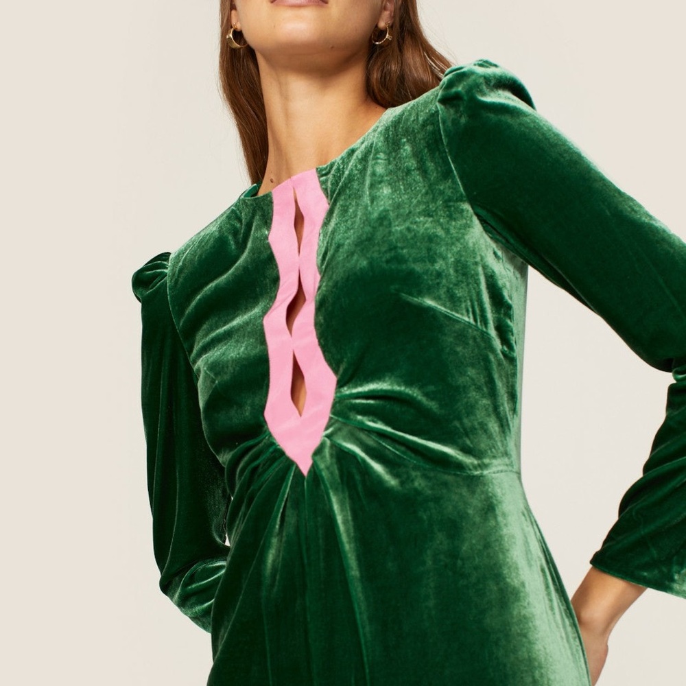 Saloni Green Velvet Dress with Pink Accents